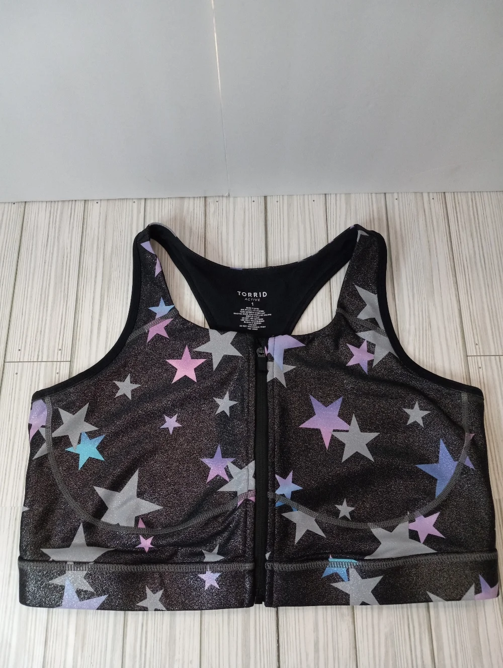 Torrid Wireless Zip-Front Foil Stars Print Racerback Active Sports Bra 1X